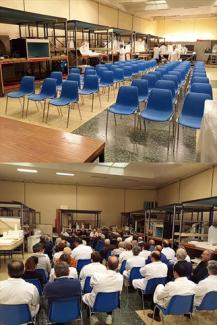 Arriba, preparando la sala, abajo, una imagen de la reunión
