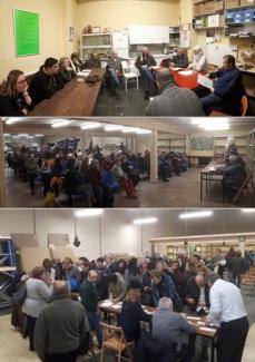Arriba la reunión de monitores. En las otras dos fotografías la reunión con los alumnos